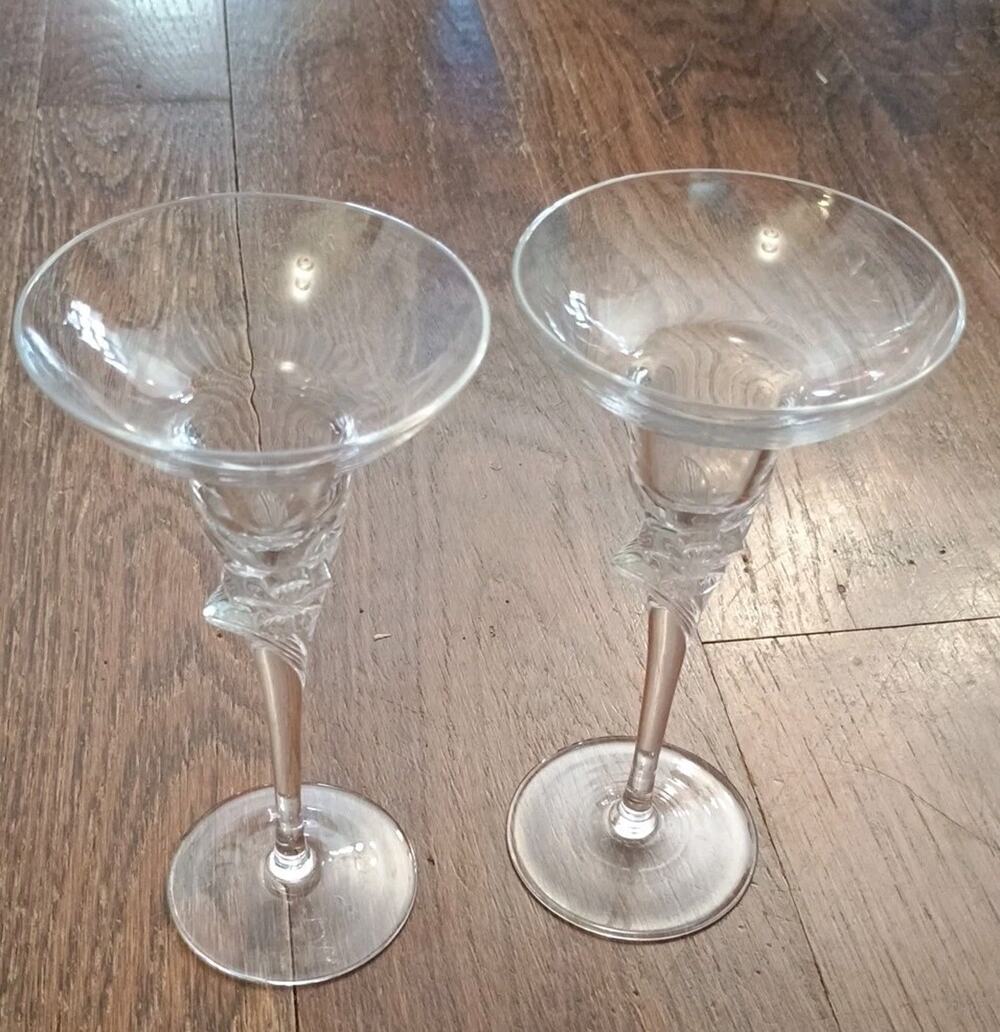 Mikasa Wine Glass Shaped Candle Holders 3D Flower Set Lot 2 Clear 8" EUC Pretty!